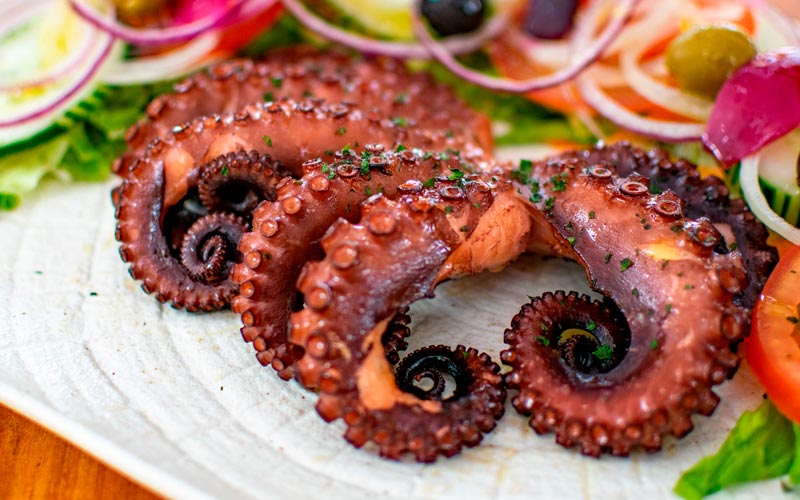 PalmBeach Tropical Restaurant | Grilled Octopus | cooked on a natural charcoal grill, accompanied by a fresh mixed salad